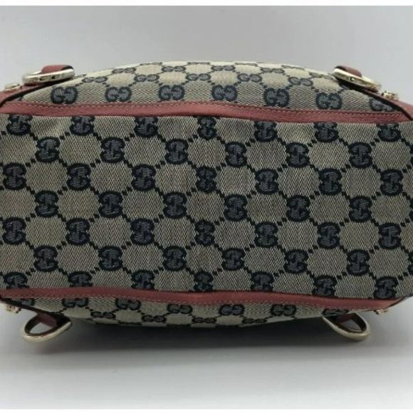 Authentic Gucci 3 Rings Abbey Hobo Handbag- Navy/Red Monogrammed Canvas - Picture 2 of 8